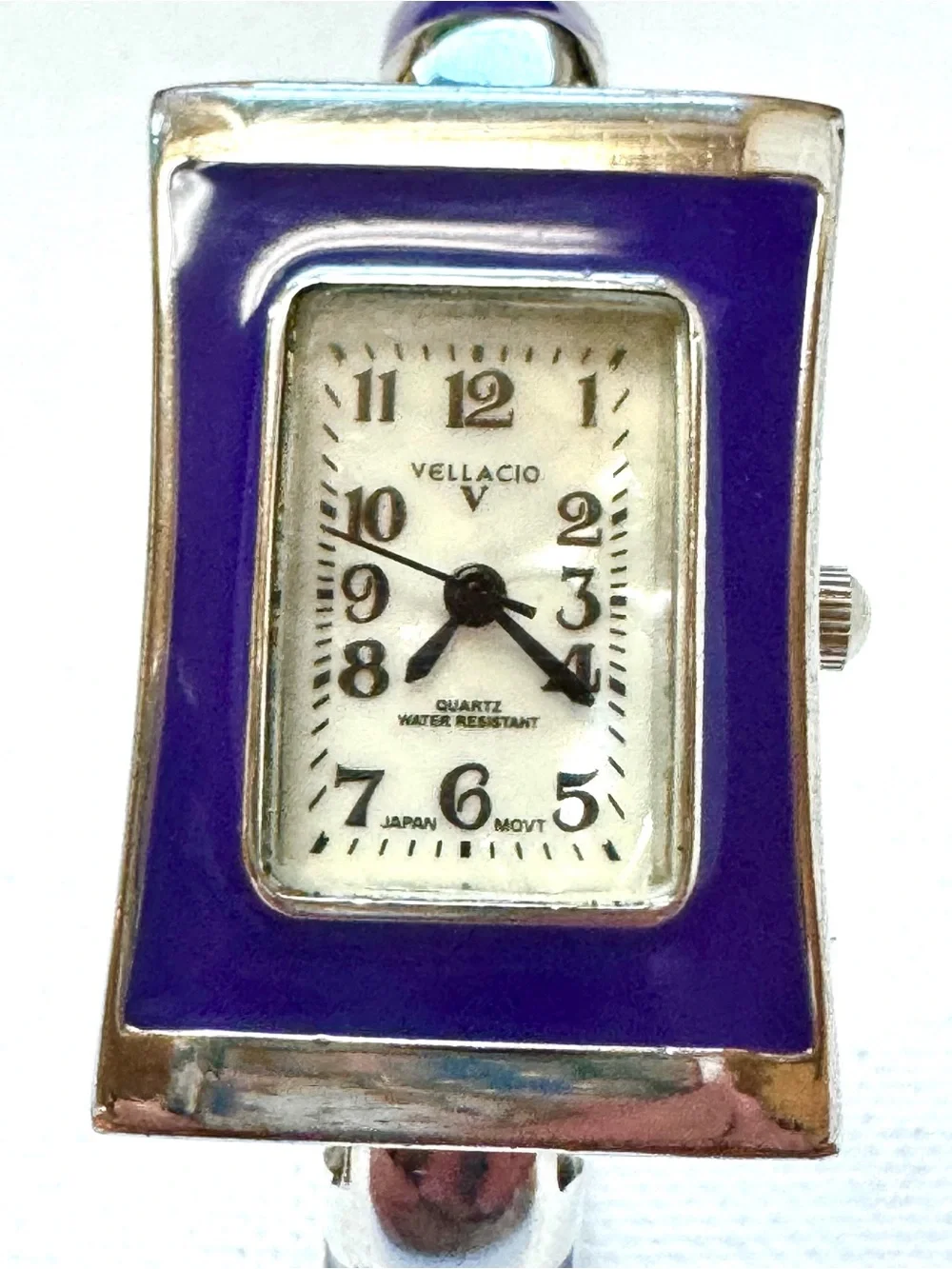 Vintage Vellacio Mother Of Pearl Cuff Watch Women's Bamboo Look Silver Purple